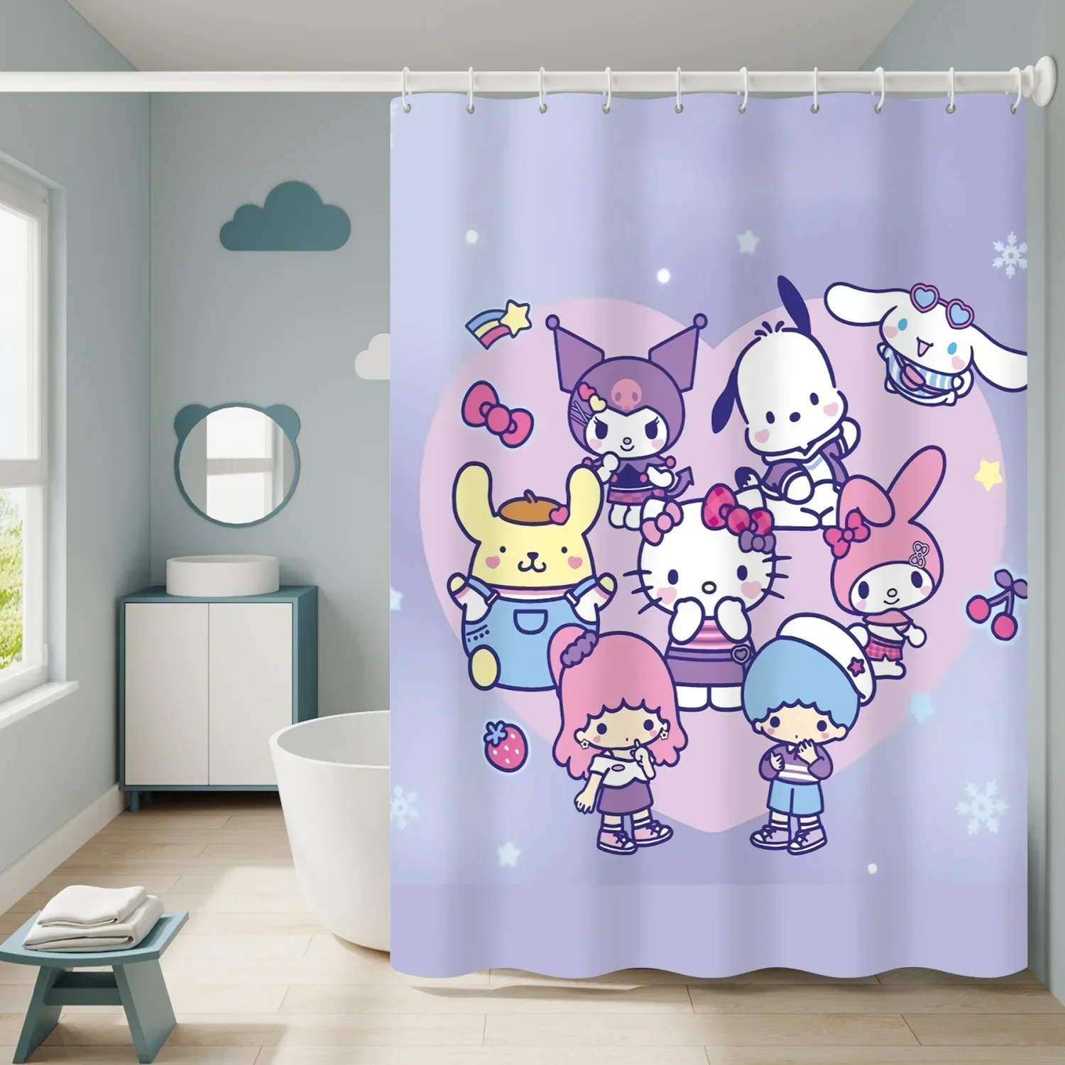 Imagem -03 - Cortina de Banheiro Sanrio Kuromi Kuromi Mymelody Cinnamoroll Desenhos Animados Kawaii Anime Decoração de Cortina de Chuveiro Impermeável Ganchos Anti-oídio Presente