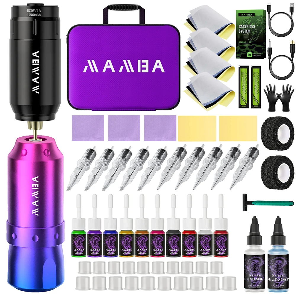 MAMBA Rotary Wireless Tattoo Machine Kit Complete Tattoo Set with 10PCS Cartridge Needle Permanent Makeup Tool for Tattoo Artist