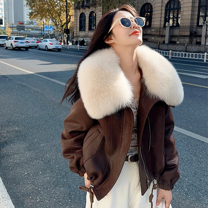 Women's Winter Down Jacket Short Real Natural Fox Fur Collar Coats Suede Fabric Fashionable And Luxurious New In Coats Jackets