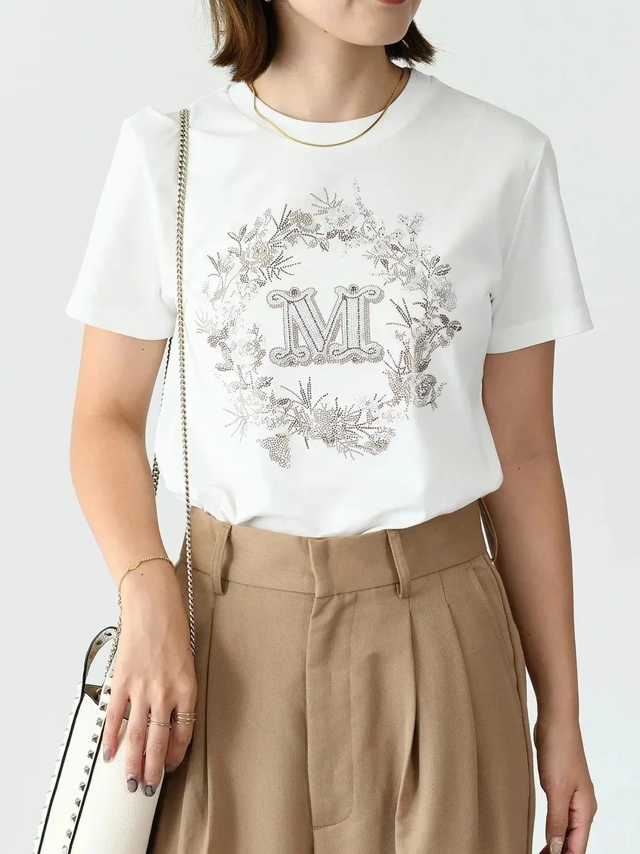 Summer New Maxmuskx Loose Women's T-shirt round Neck Short Sleeve Floral Ring Luxury Rhinestone Casual Cotton Cool Feeling