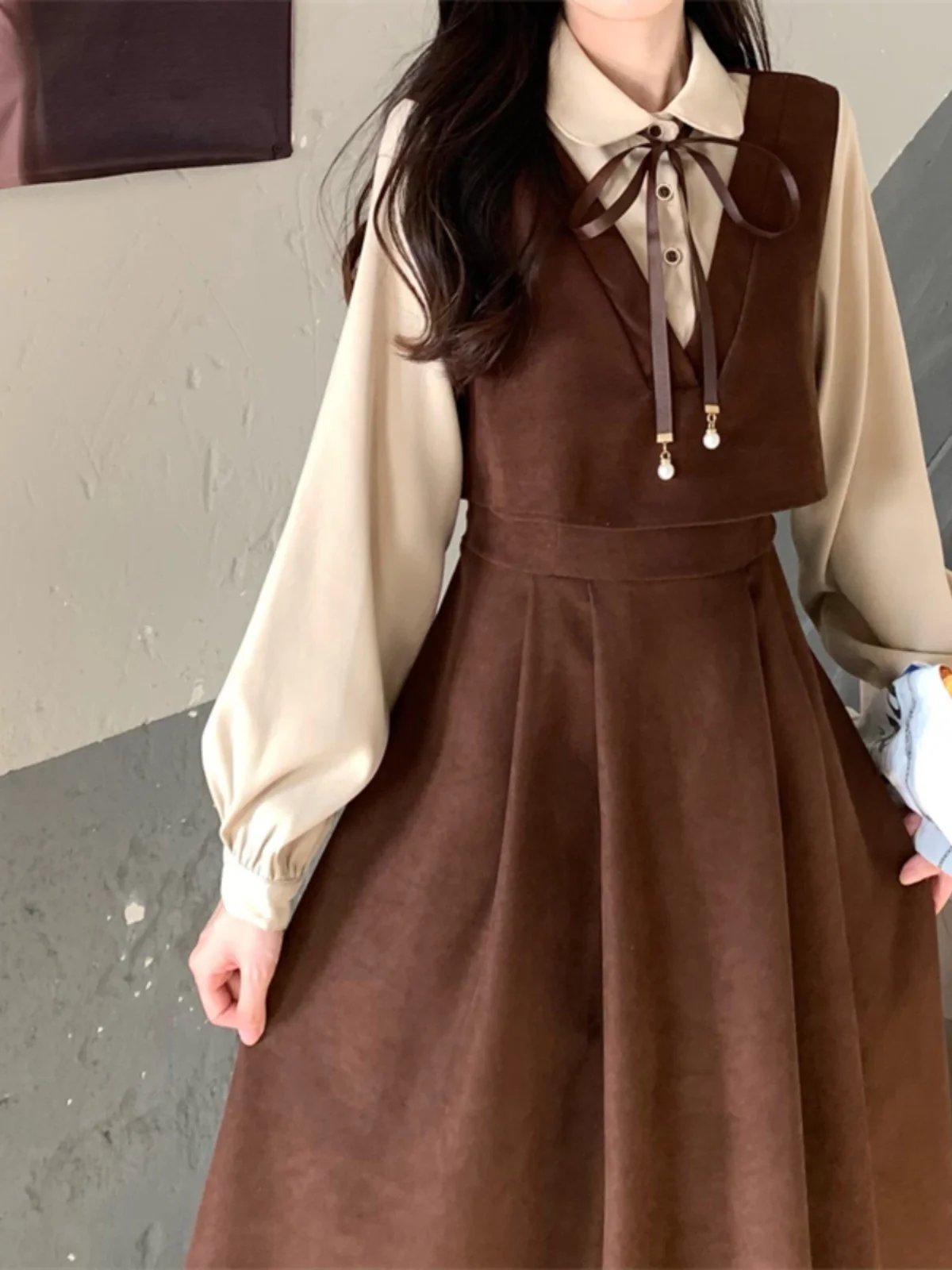 Spring and Summer New Arrival Corduroy Long Sleeves Dress Plus Size Women's Clothing Chubby Slimming Preppy Sle Vest Suspen...