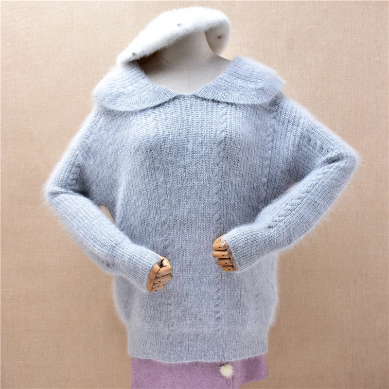 

Ladies Women Autumn Winter Sweet Grey Hairy Angora Rabbit Hair Knitted Turn-Down Neck Loose Pullover Sweater Jumper Pull Tops
