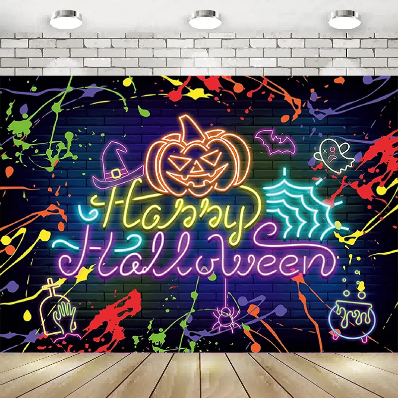 Happy Halloween Backdrop Neon Bat Trick Treat Spider Web Horror Pumpkin Photography Background Decor Banner Baby Shower Birthd