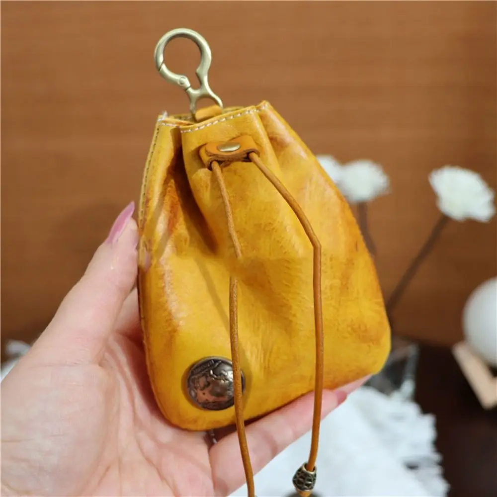 

Simple Upper Leather Coin Purse Pouch Solid Color Retro Drawstring Wallets Car Key Bag Women