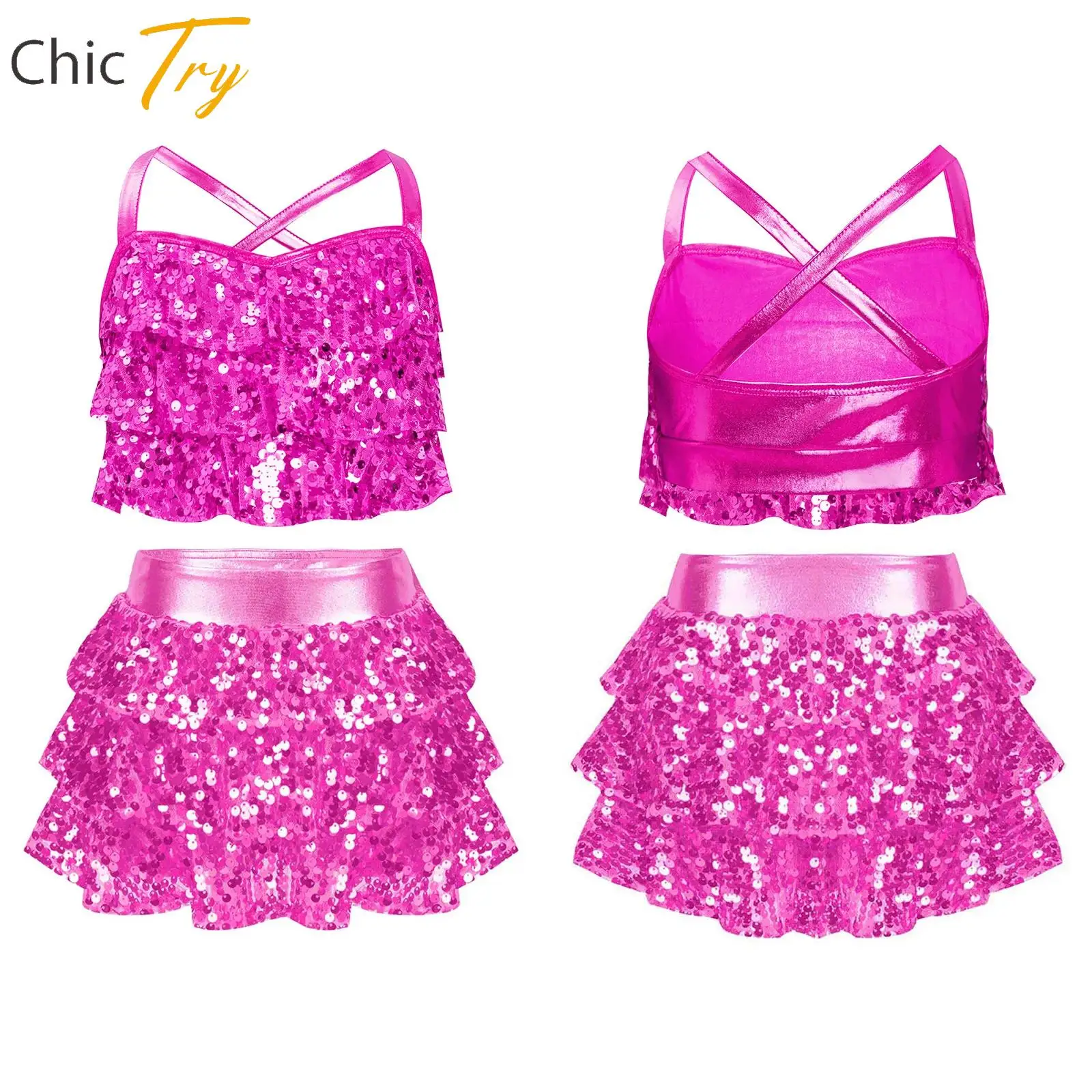

Teen Sequins Jazz Latin Ballet Dance Costumes Girls Metallic Crop Top with Skirted Shorts for Birthday Party Performance Outfits