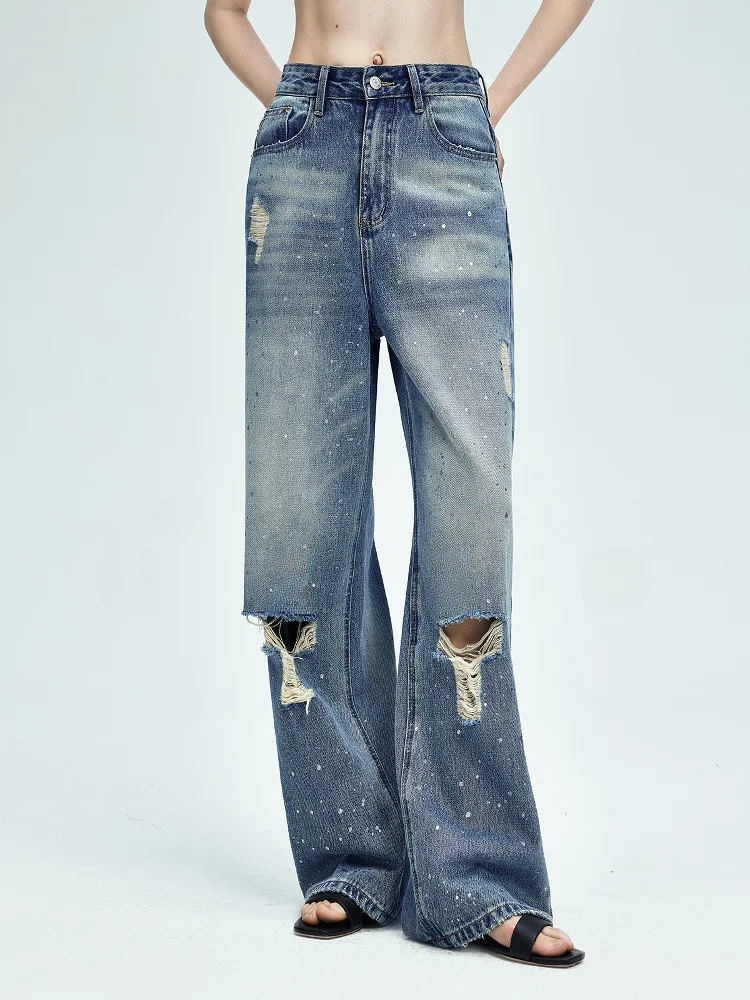 

Джинсы UZZO Streetwear American Style с высокой талией, широкими штанинами, повседневные, женские, с дырками, асимметричным дизайном, эффектом снежинок, серебристые, из хлопка со стрейчем