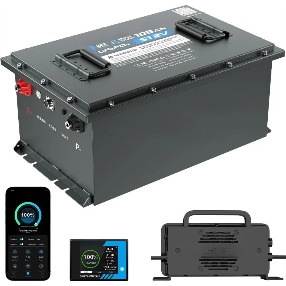 

48V 105Ah Lithium Golf Cart Battery, Built-in Smart 200A BMS, with Touch Monitor & Mobile APP, 4000+ Cycles Rechargeable LiFeP