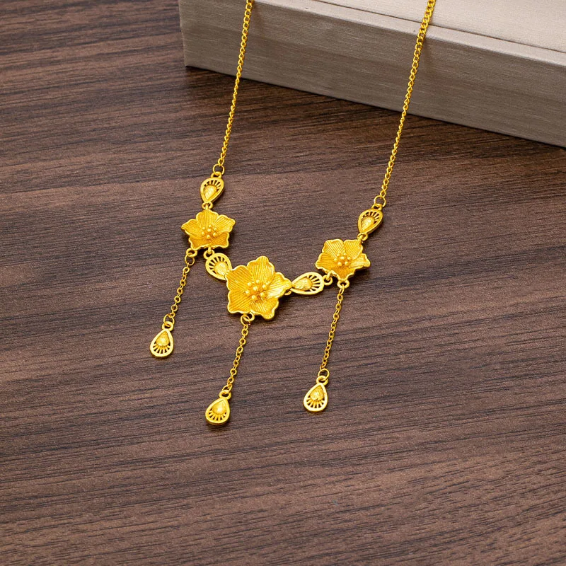 Vintage 24K Gold AU999 Three Life Flower Clavicle Chain, combines classic three life flower elements and fine gold craft