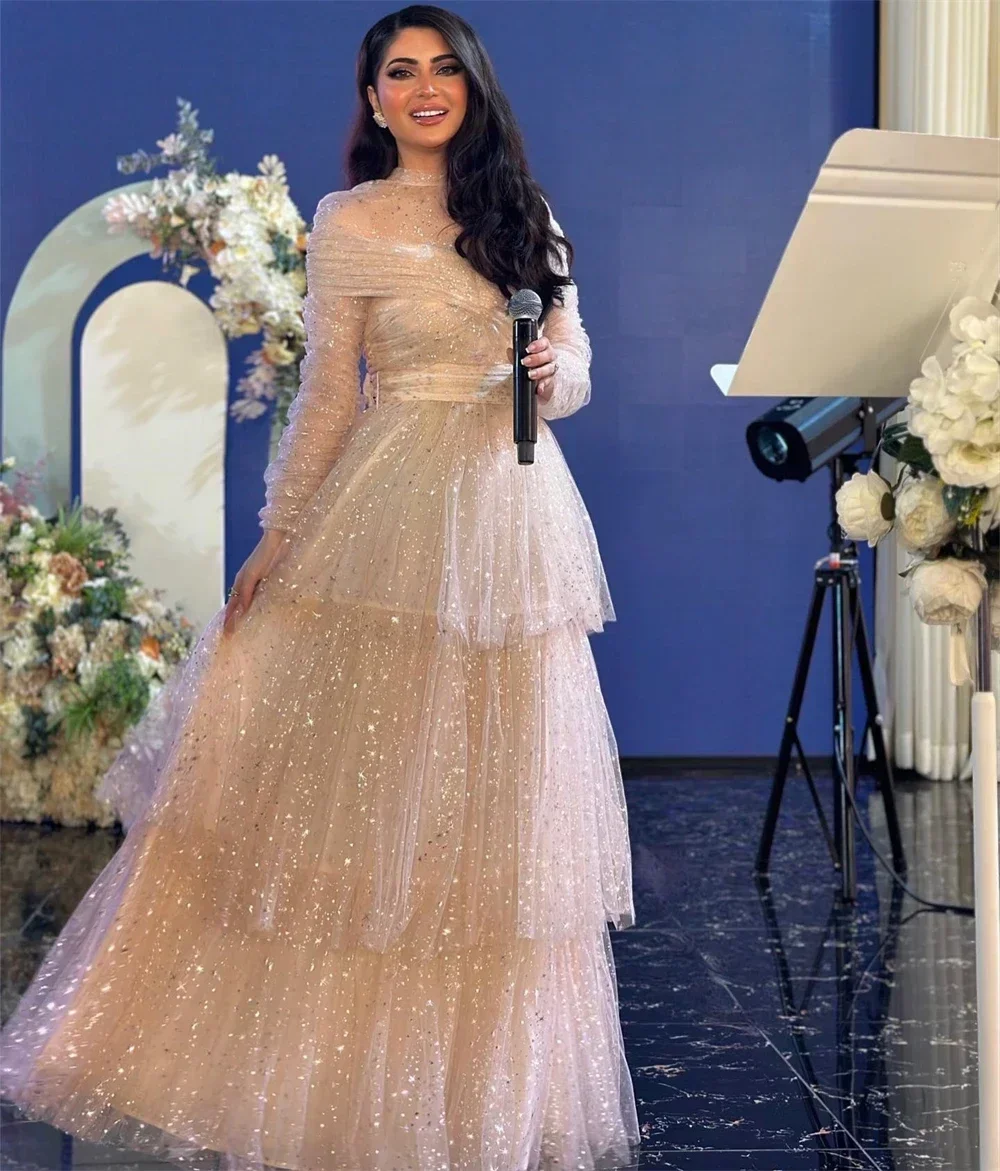 

Customized High quality Jewel Ball gown Cocktail Evening Sequin Fold Draped Chiffon Prom Dresses vestidos longos para eventos es