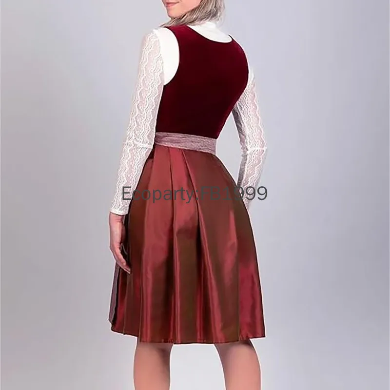 Vrouwen Duits Bier Meisjes Cosplay Kostuum Bavarian Oktoberfest Rood Fluwelen Dirndl Jurk Met Schort Festival Carnaval Feest Outfits