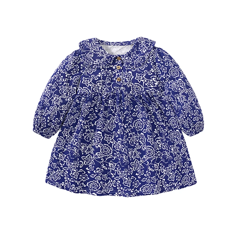 ملابس أطفال خريفي بناتي ملابس أطفال زهور زرقاء بأكمام طويلة فستان حفلات زي ربيعي قطني #6