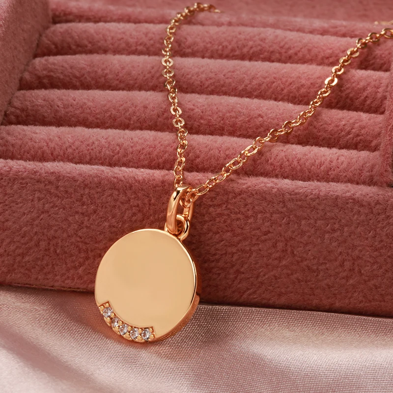 SYOUJYO Glossy Coin Shape Pendant Necklace For Women Simple Fashion 585 Rose Gold Color Fine Jewelry Natural Zircon Necklace