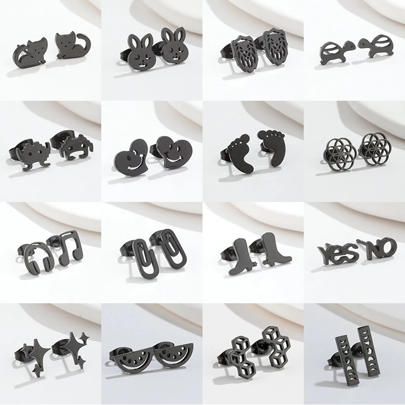 Multiple Style Stainless Steel Earrings Black for Men Women Geometry Music Star Heart Earing Cowboy Boots Studs Pendientes 2024