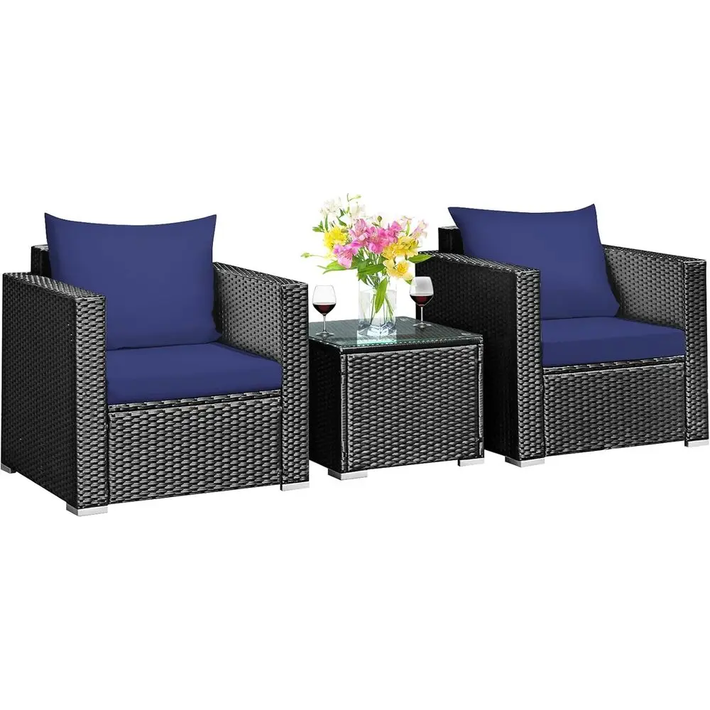 

Navy Blue 3-Piece Outdoor Patio Furniture Set with Cushioned Armchairs and Glass Coffee Table for Garden, Balcony, Backyard