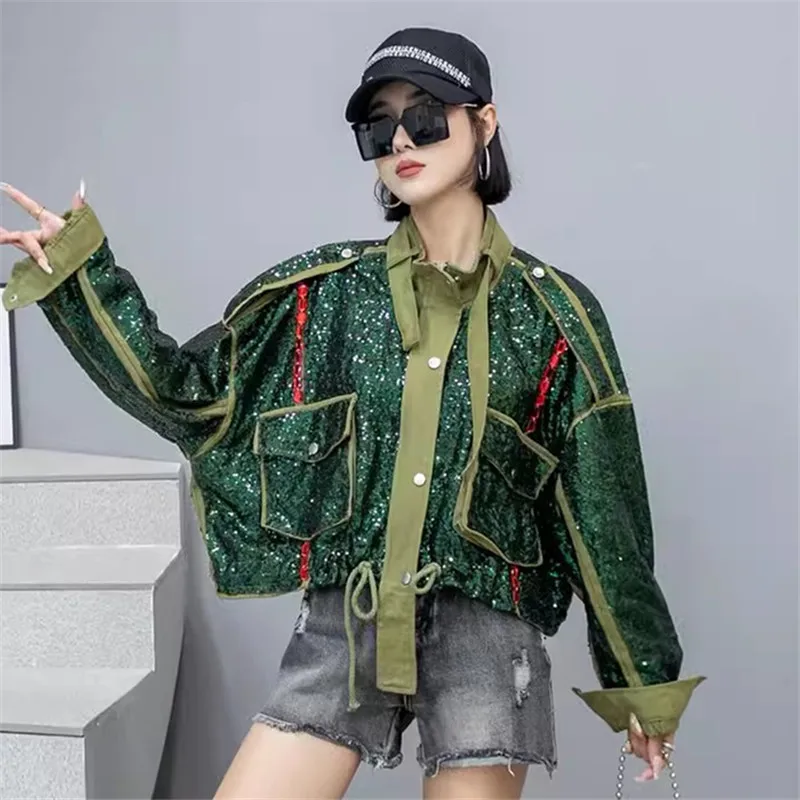 

Fashion Sequin Army Green Short Coat Long Sleeve Drawstring Hem Stand Collar Big Pocket Loose Casual Spring Women New Streetwear