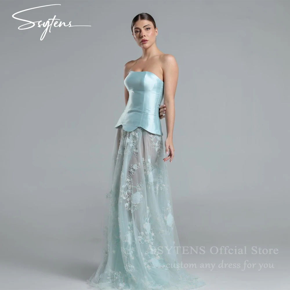 

SSYTENS Blue Evening Dress Strapless A Line Lace Up Special Occasions Prom Party Dresses Illusion Lace Elegant Formal Prom Gowns