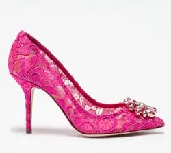 Blue Pink Lace Crystal Floral Pointed Toe Slip On Pumps Sexy Women 6 9 CM Thin High Heel Bride Dress Shoes Drop Shipping