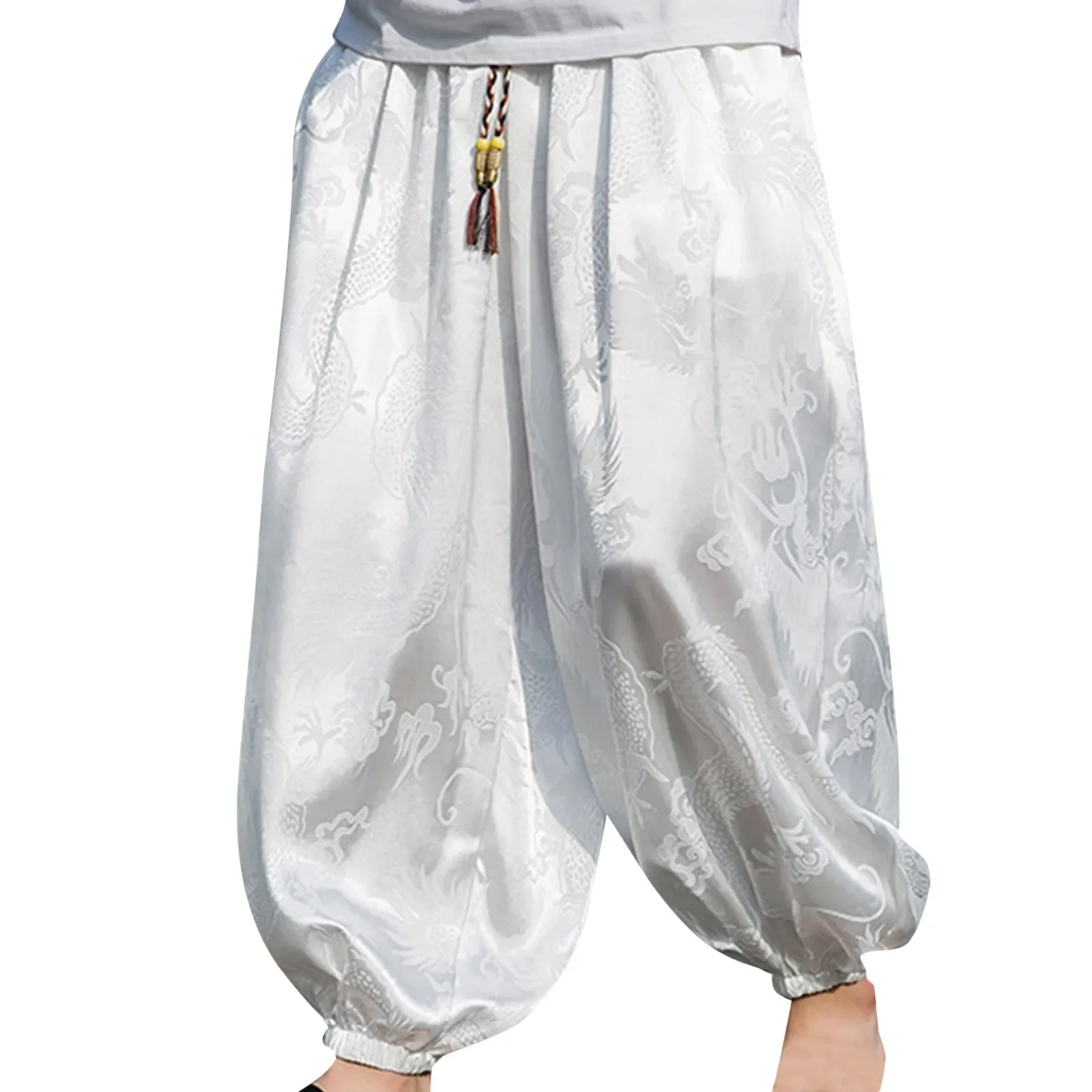 

Mens Summer Hipster Ice Silk Satin Pants Dragon Pattern Chinese Loose Trousers Smooth Satin Pants Taiji Comfortable Beach