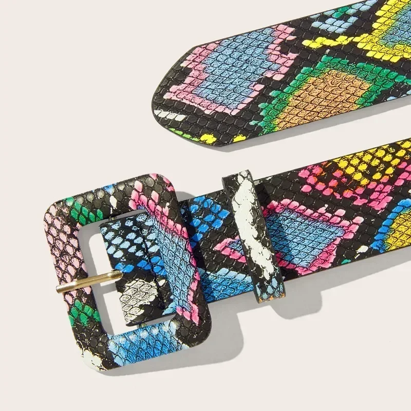 2024 レディースピンバックル高品質 Pu レザーグリーンスネークプリントガードルドレスコートスーツセーター装飾ベルト女性のための