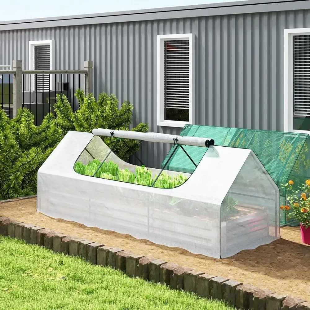 8.6 ft Galvanized Metal Planter Box with Mini Greenhouse, White & Silver, Ideal for Patio Gardening and Balcony Herbs