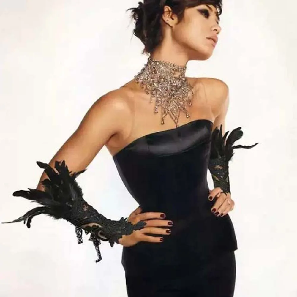 

Costume Wristband Halloween Feather Gloves Retro Gothic Feather Lace Glove Embroidery Dark Women Halloween Cuffs Carnival