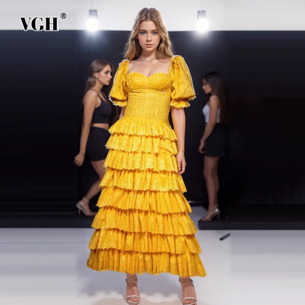 

VGH Solid Hollow Out Patchwork Tierred Dresses For Women Square Collar Puff Sleeve High Waist Elegant Long Dress Female Fashion