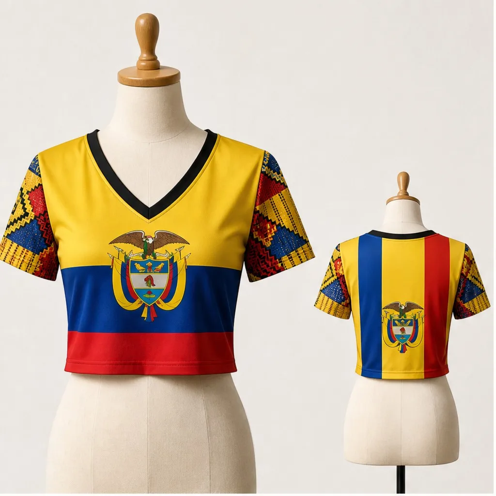Womens Colombia V Neck Short Sleeve Crop Top Eagle Crest Tribal Sleeve Graphic Casual Summer Shirt for Street Travel Daily Looks