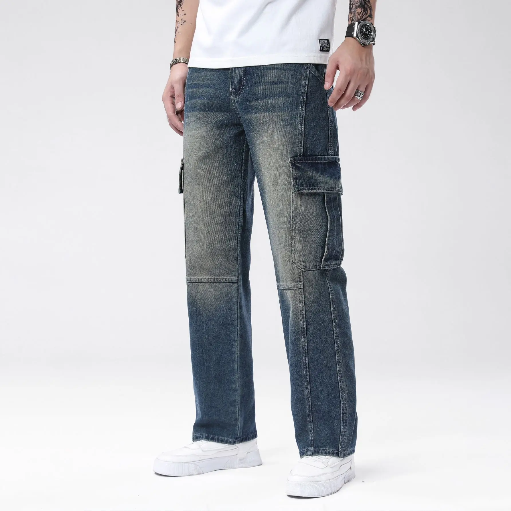 

Men's jeans non elastic casual versatile deep blue multi craft design trendy straight tube workwear pants