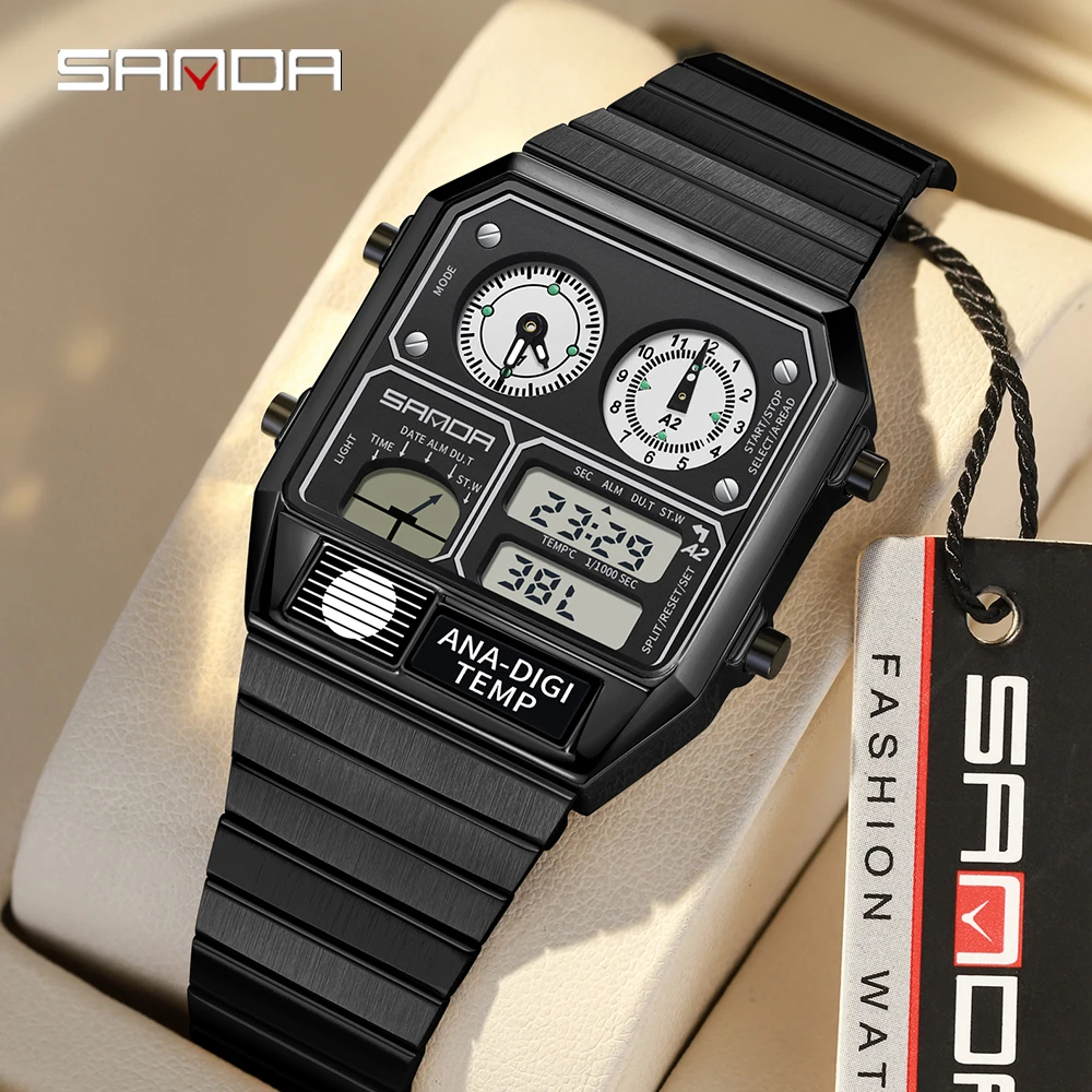 2024 New Sanda 3192 Led Electronic Square Men\'s Youth Casual Count Down Multi-function Thermometer Stopwatch Chronograph Watch