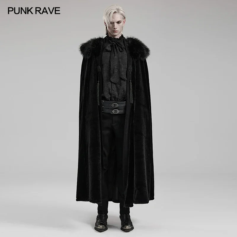 PUNK RAVE Men's Gothic Handsome Soft & Comfortable Plush Cloak Detachable Warm Fur Collar Long  Party Cosplay Cape Mens