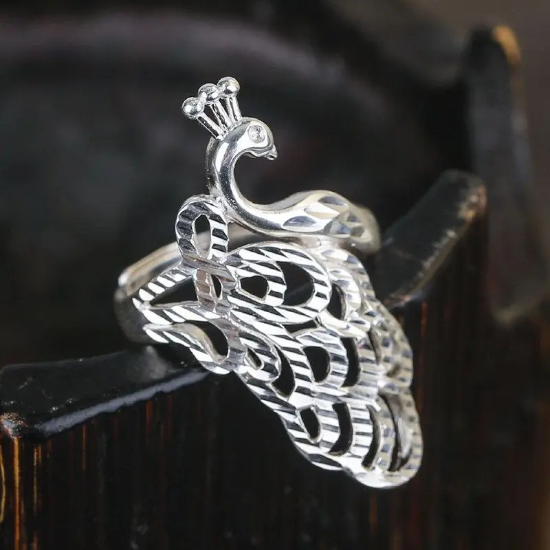 Vintage Peacock Statement Ring - Pure S999 Silver Adjustable Open Band, Unique Personality Jewelry Birthday Gift