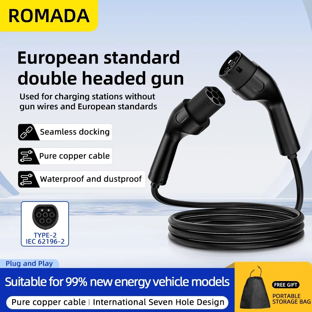 Type2 to Type2 Potable EV Charging Cable 16A 3.5KW 1Phase Electric Vehicle Cord 3M-20M EVSE Charging Station Female to Male Plug