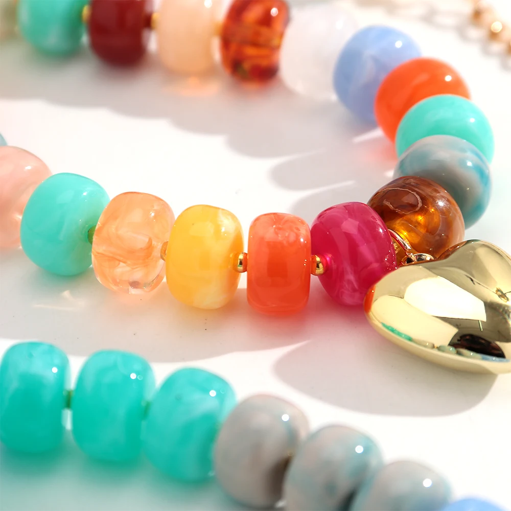 Boho Bunte Acryl Flache Runde Perlen Herz-Anhänger Halskette Geometrische Liebesherz Perlen-Choker Trendiger Schmuck Geschenke – Detail 7