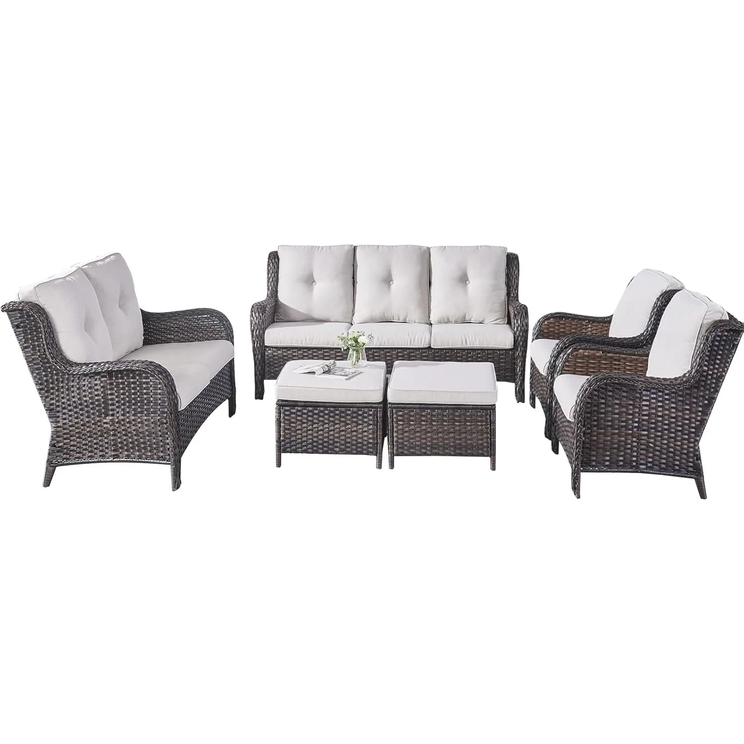 Wicker Patio Furniture Set-6 Piece Rattan Outdoor Sectional Conversation Sets w/ 1 Sofa,1 Loveseat,2 Armrest Chairs & 2 Ottomans