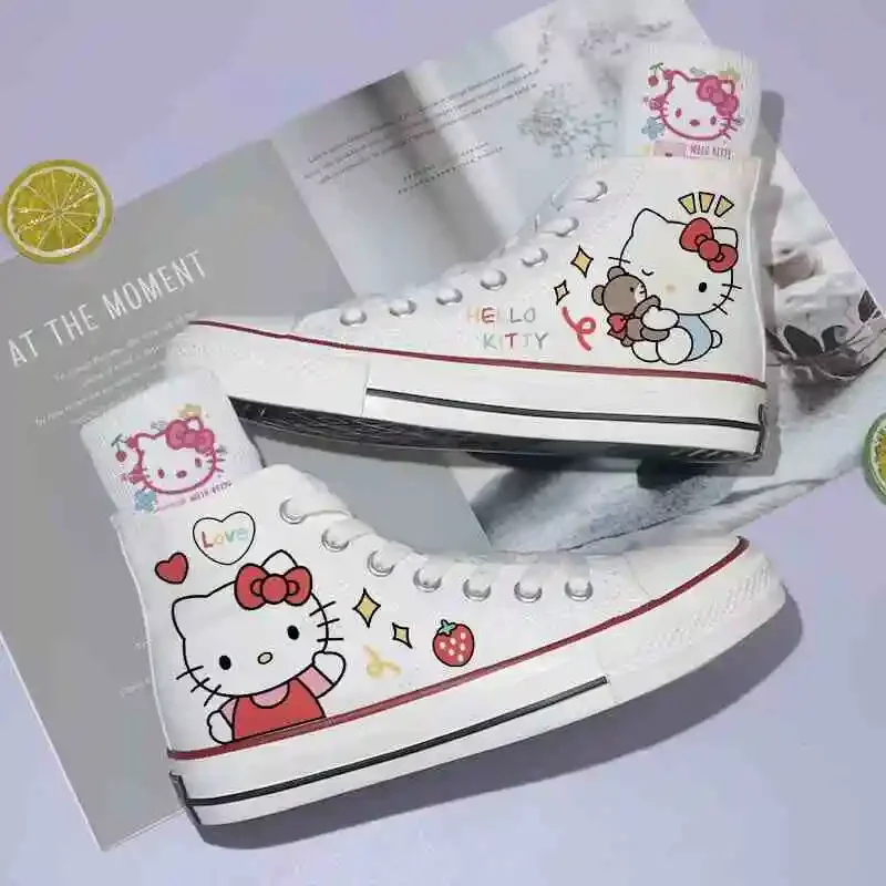 Sanrio Kawaii Hello Kitty Women Soft-soled High-top Canvas Shoes Anime Cartoon Fashion Students Flat-soled Single Shoes Sneakers