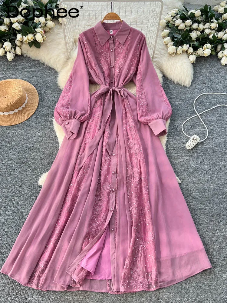 

French-style Vintage Lantern Sleeve Women's Dress 2026 Spring New Waist-cinching Everyday Commuting Women's Long Dress
