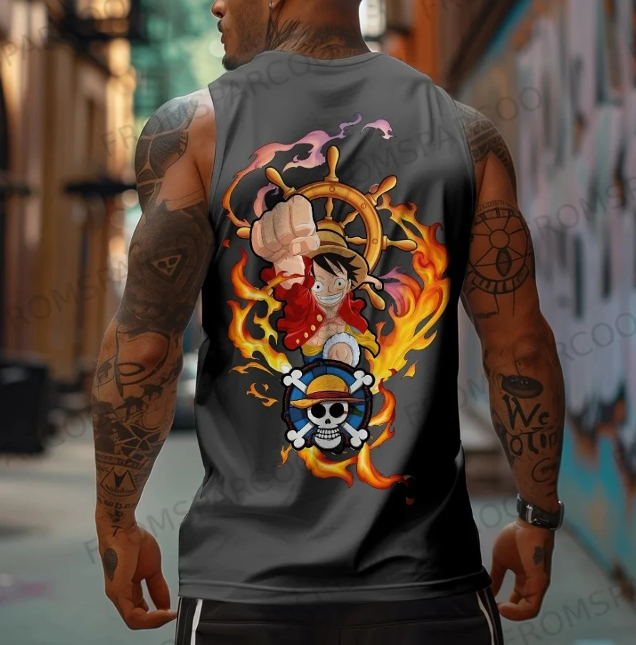 

One Piece men's sleeveless vest, retro anime street wear, gym vest T-shirt decoration, daily urban wear