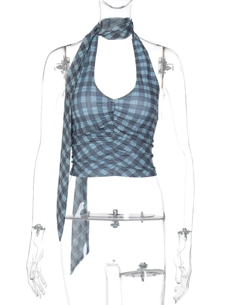 XIAOTANG Sexy Halter Neck Canotta da donna Slim Fit Versatile Top Backless Mesh Tie Crop Top Vacation Party Streetwear Nuovo 2025