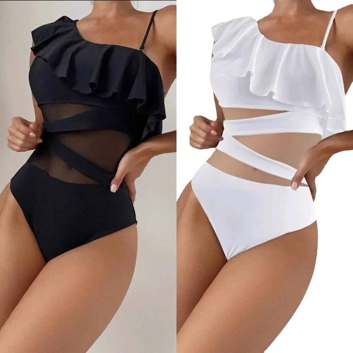 

Fashionable Bikini Women's One-Piece Strapless Lace Trim Sexy Swimwear Single Shoulder Tie String Strap Swimwear