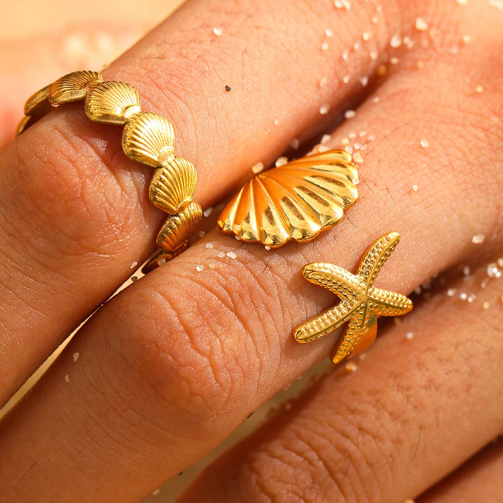 2/3 teile/los Edelstahl Kreative Seestern Shell Ringe Wasserdicht Einstellbar Offenen Ring Für Frauen Sommer Seabeach Schmuck Geschenke – Detail 4