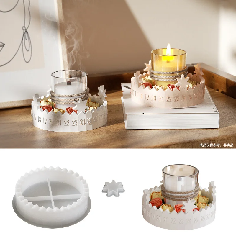 Circular Lucky Star Candle Holder Silicone Mold Calendar Storage Box Tray Resin Cement Gypsum Mould Star Number Candlestick Mold