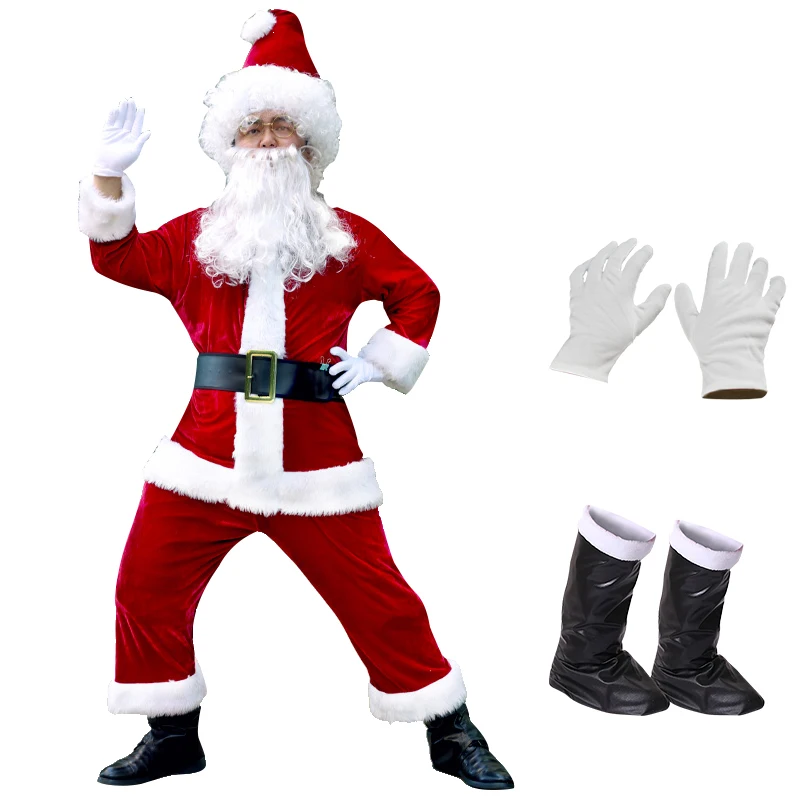 Papai Noel trajes de cosplay masculinos, trajes natalinos, roupas de veludo deluxe, roupas de festa de ano novo, HO HO HO HO