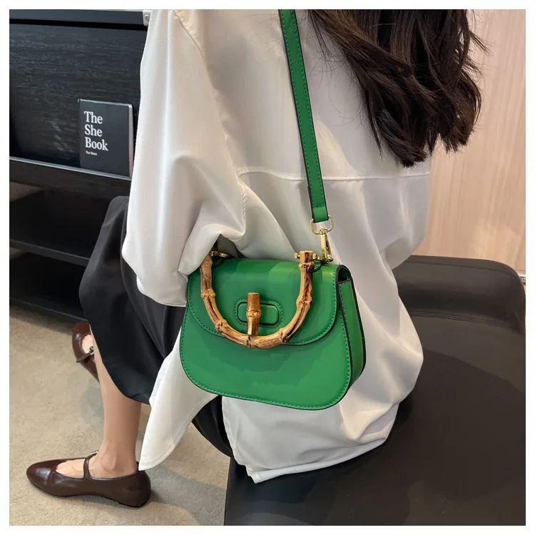 CLAREGQI Women Retro Green Bamboo Leather Handbag Bamboo Top Handle Detachable Crossbody Saddle Shoulder Purse