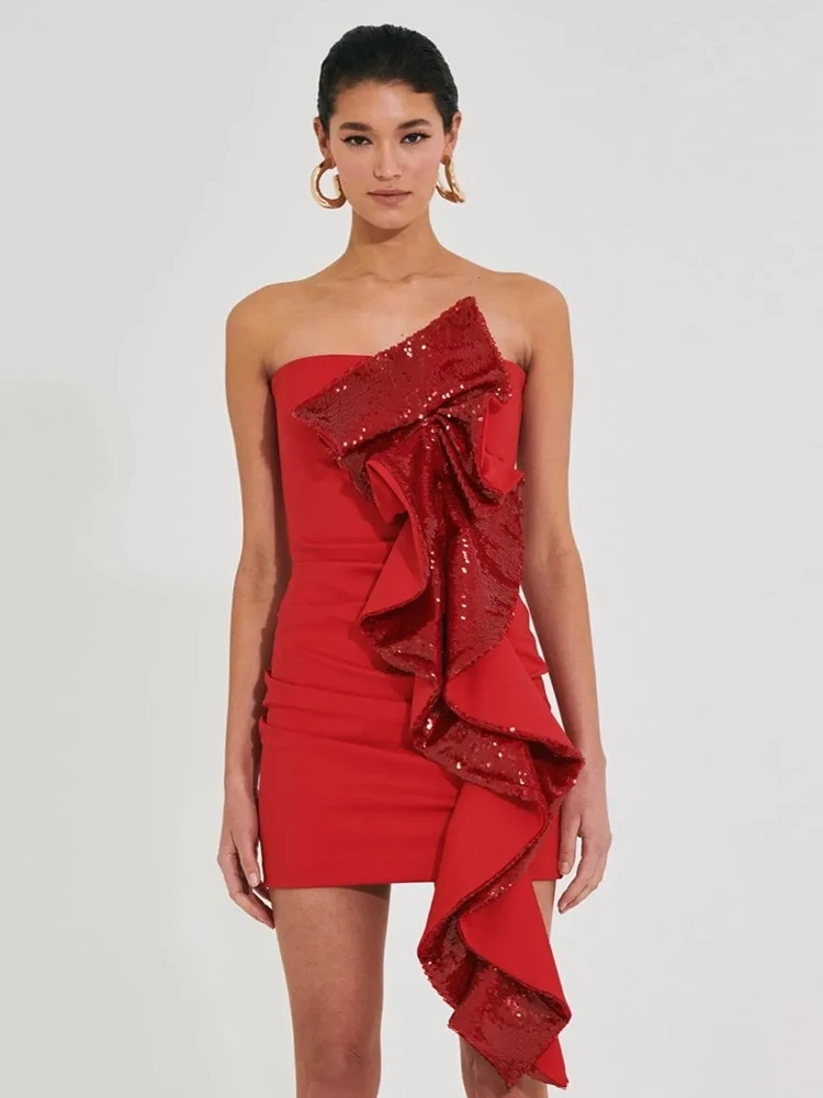 

Women Sexy Red Off Shoulder Sequin Mini Dress with Ruffled Bow Sleeveless Bodycon Ribbon Cocktail Events Party Gown
