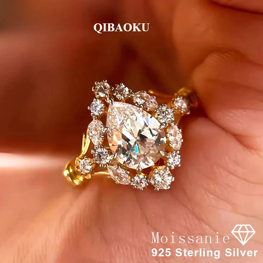 QIBAOKU 1.5CT Pear Moissanite Ring 100% S925 Silver Vintage WaterDrop Lab Diamond Promise Wedding Band Fine Jewelry Gift 2026