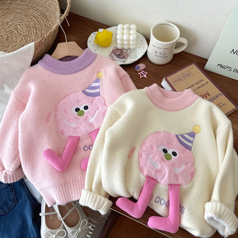 

Girls' Cartoon 3D Hooded Fce Knitwear Autumn Winter Thiened Korean Sle Color Warm Long Sve round Ne Sweater