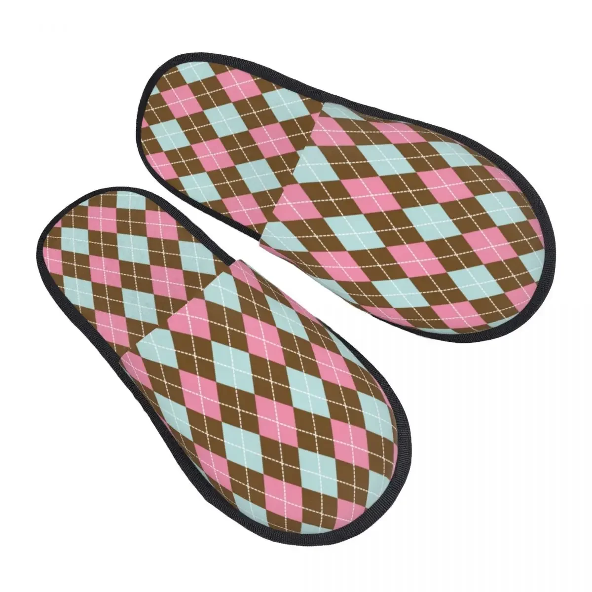 Custom Print Women Colorful Argyle Pattern House Slippers Soft Warm Memory Foam Fluffy Slipper Indoor Outdoor Shoes