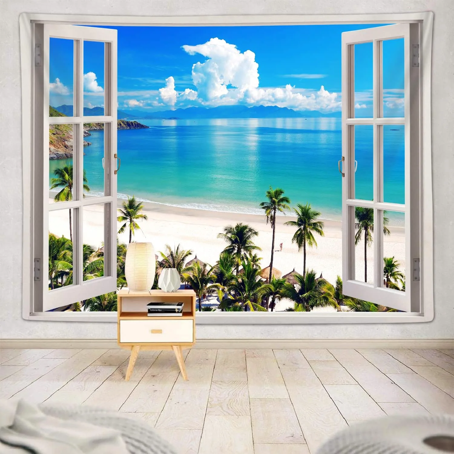 VIKAMA Wandteppich mit Tropischem Strandmotiv, Kokospalmen & Meerblick, Wanddekoration für Wohnzimmer, Schlafzimmer & Ferienhaus
