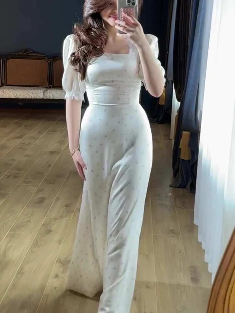 Chic Satin Printing Lace Up Dresses Spring Women Puff Sleeve Square Neck Long Dress Summer High Waist Slim Ankle Length Dress