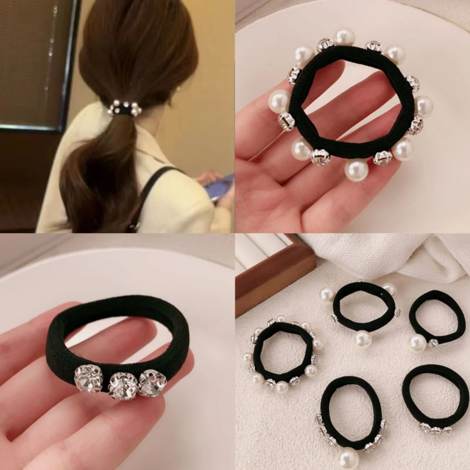 

5 шт. черные резинки для волос, декор из жемчуга и стразов, случайные 4 шт. резинки для волос в стиле ретро для женщин, стильная повседневная одежда для вечеринок